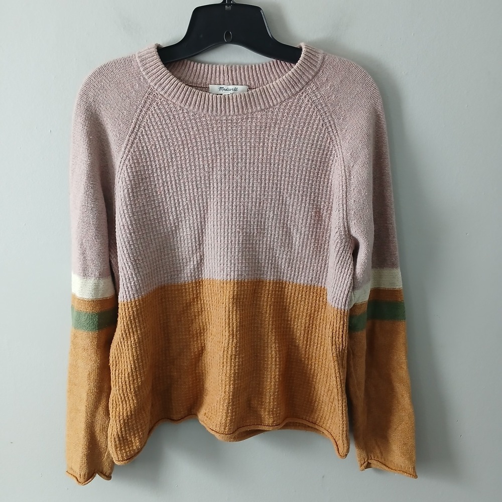 Madewell Size XS Striped Roll-Trim Waffle Pullover Sweater Cotton Merino Knit